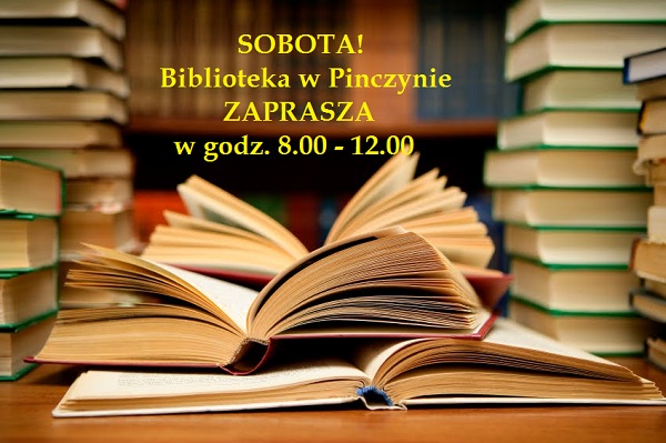 Grafika z&nbsp;książkami i&nbsp;napisem o&nbsp;czynnej sobocie w&nbsp;bibliotece w&nbsp;Pinczynie w&nbsp;godz.8-12