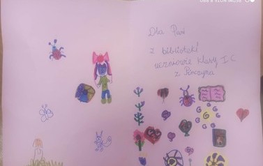 Rysunek od dzieci z napisem " Dla Pani z biblioteki uczniowie klasy Ic z Pinczyna".
