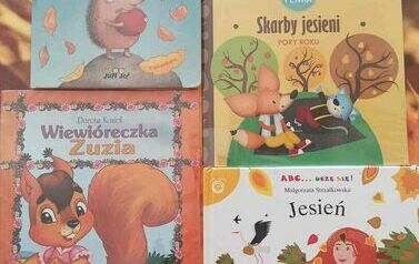 Cztery książki -bajki o jesieni z widocznymi tytułami : " Wszystko będzie dobrze", "Skarby jesieni", "Wiewi&oacute;rka Zuzia" i "Jesień".