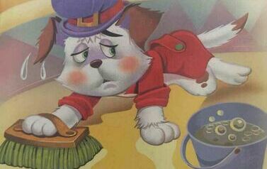Ilustracja z książki przedstawiająca pieska szorującego podłogę.