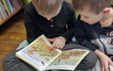 Dw&oacute;ch chłopc&oacute;w ogląda książeczkę o dinozaurach.