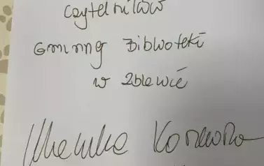 Wpis w książce : Dla Czytelnik&oacute;w Gminnej Biblioteki w Zblewie Monika Koszewska i Toudi.