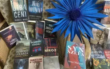 Na fotelu rozłożone nowe książki z widocznymi tytułami i zrobiony z krepy chaber