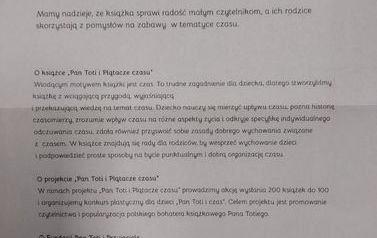 Informacja pisemna o podarowaniu książek do biblioteki i podziękowanie za zgłoszeniu do projektu.