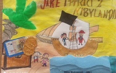 Rysunek przedstawiający bajkę &quot; Jake i Piraci z Nybylandii&quot; narysowany przez laureata pierwszego miejsca Wiktora Modrzejewskiego