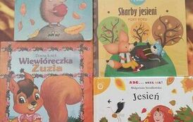 Cztery książki -bajki o jesieni z widocznymi tytułami : " Wszystko będzie dobrze", "Skarby jesieni", "Wiewi&oacute;rka Zuzia" i "Jesień".