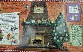 Wnętrze książki z ilustracjami komina i choinką.