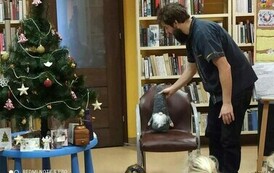 Szymon G&oacute;ralczyk trzyma elfa siedzącego na krzesełku. Z lewej strony stoi choinka na stoliczku.