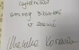 Wpis w książce : Dla Czytelnik&oacute;w Gminnej Biblioteki w Zblewie Monika Koszewska i Toudi.