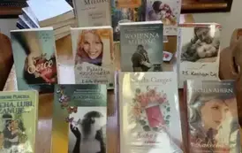 Na stoliku są wyłożone książki o tematyce miłosnej, a przed nimi leżą dwa duże serca czerwone i lizaki w serduszka.