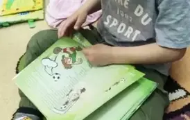 Chlopiec w ciemnych włosach i siwej koszulce siedzi na dywanie i przegląda książkę z bajkami.