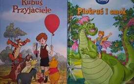 Okładki dw&oacute;ch książek Disneya z bajkami dla dzieci: " Kubuś i Przyjaciele" i "Piotruś i smok" 