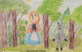 Rysunek narysowany przez laureatkę trzeciego miejsca Zofię Galikowską przedstawiający Czerwonego Kapturka