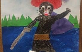 Rysunek przedstawijący bajkę "Kot w butach" narysowany przez laureata drugiego miejsca Nikodema Gillasamatin&oacute;w