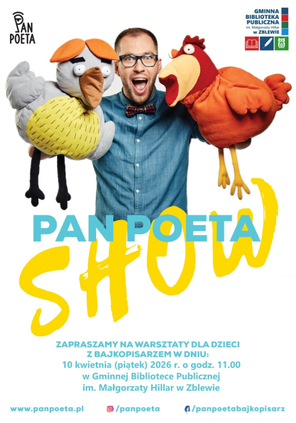 Plakat z&nbsp;informacją o&nbsp;warsztatach dla dzieci z&nbsp;bajkopisarzem Panem Poetą w&nbsp;bibliotece w&nbsp;Zblewie 10 kwietnia o&nbsp;godz. 11.00.