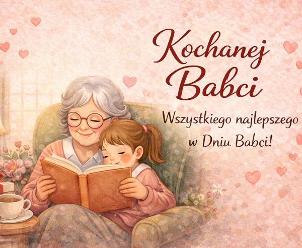 obrazek z&nbsp;babcią, kt&oacute;ra siedzi z&nbsp;wnuczką na&nbsp;fotelu i&nbsp;jej czyta książkę. Obok napis : Kochanej Babci wszystkiego najlepszego w&nbsp;Dniu Babci!