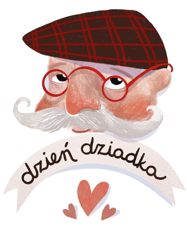 Grafika twarzy dziadka z&nbsp;napisem Dzień Dziadka i&nbsp;serduszka
