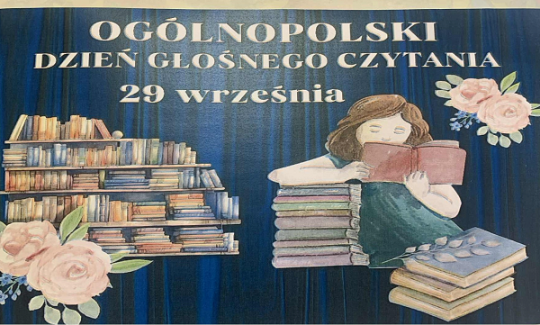 Na niebieskim tle grafika połki z&nbsp;książkami i&nbsp;dziewczynki kt&oacute;ra czyta  książkę. U g&oacute;ry napis : 29 września Og&oacute;lnopolski Dzień Głośnego Czytania