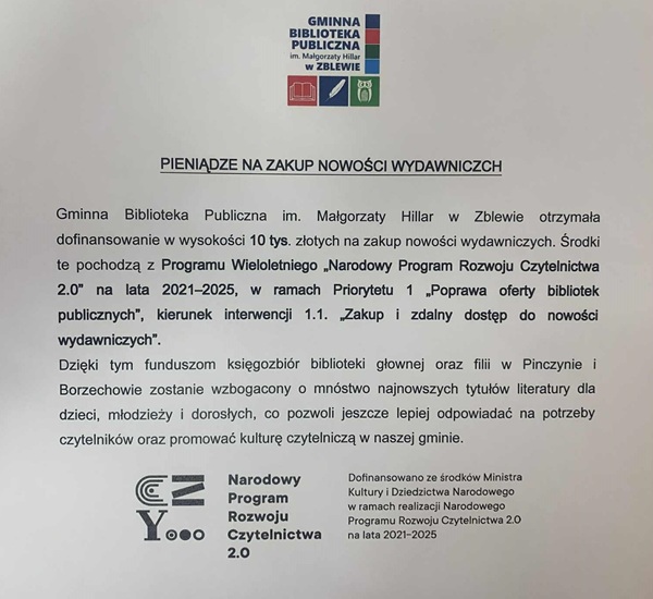 Informacja o&nbsp;dofinansowaniu naszych bibliotek na&nbsp;zakup nowości wydawniczych w&nbsp;kwocie 10.000