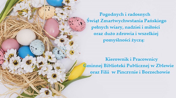 Świąteczne życzenia na&nbsp;grafice koszyczka  z&nbsp;sienkiem, kwiatami i&nbsp;kolorowymi jajkami.