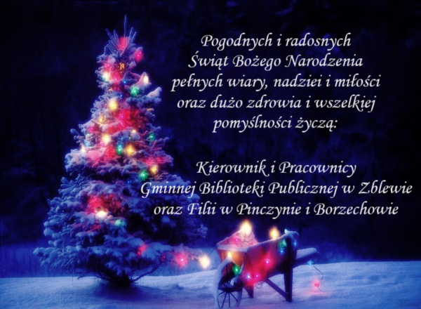 Życzenia świąteczne napisane na&nbsp;śnieżnej choinkowej grafice.