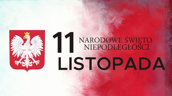 Czarny napis 11 listopdada Narodowe Święto Niepodległosći Polski i&nbsp;obok godło