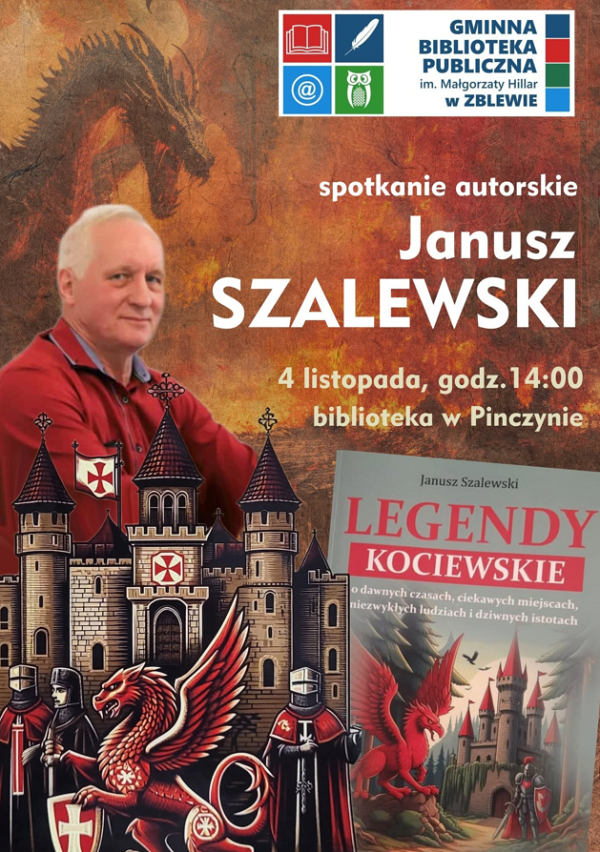 Plakat zapraszający na&nbsp;spotkanie autorskie z&nbsp;Januszem Szalewskim dnia 4 listopada 2026 r o&nbsp;godz.14.00 w&nbsp;bibliotece w&nbsp;Pinczynie