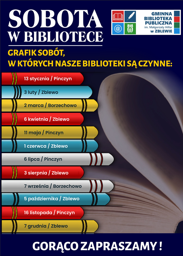 Plakat niebieski z&nbsp;datami otwartych sob&oacute;t w&nbsp;naszych bibliotekach.