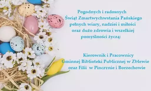 Świąteczne życzenia na grafice koszyczka z siankiem, kwiatami i kolorowymi kwiatami