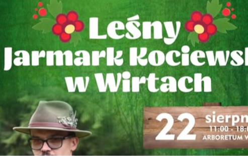 Jarmark Kociewski w Wirtach 22 sierpnia 2026 r. Leśne tło z leśnikiem w tle i ptakiem na nim siedzącym